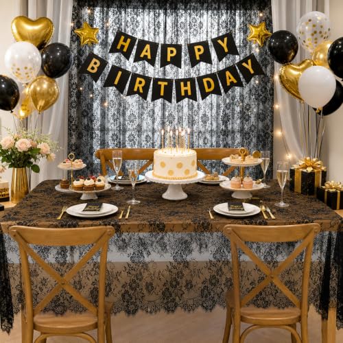 QueenDream Black Lace Tablecloth 10FT Rectangle Wedding Overlay 2 Pack - Floral Vintage Fabric for Events & Halloween