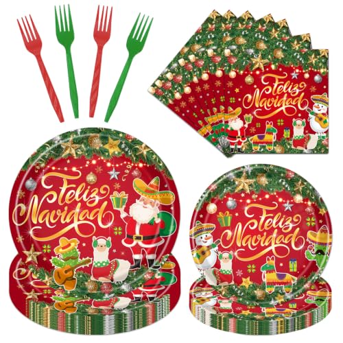 Deorfuy Feliz Navidad Spanish Christmas 96pc Dinnerware Set — 24 Plates, 24 Napkins, 24 Forks