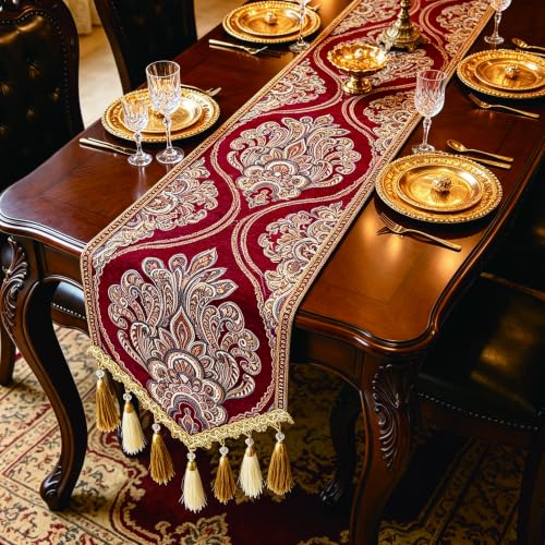 HeMiaor Red French Manor Burgundy Paisley Jacquard Christmas Table Runner 94 Inch