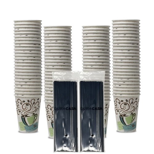 DuraCasa Straws and Dixie PerfecTouch 12 Oz. 100 Ct. Insulated Paper Hot Coffee Cups and Drinking/Stirring Stick Bundle, Disposable Hot Coffee Cups (100 Cups, 100 Straws)