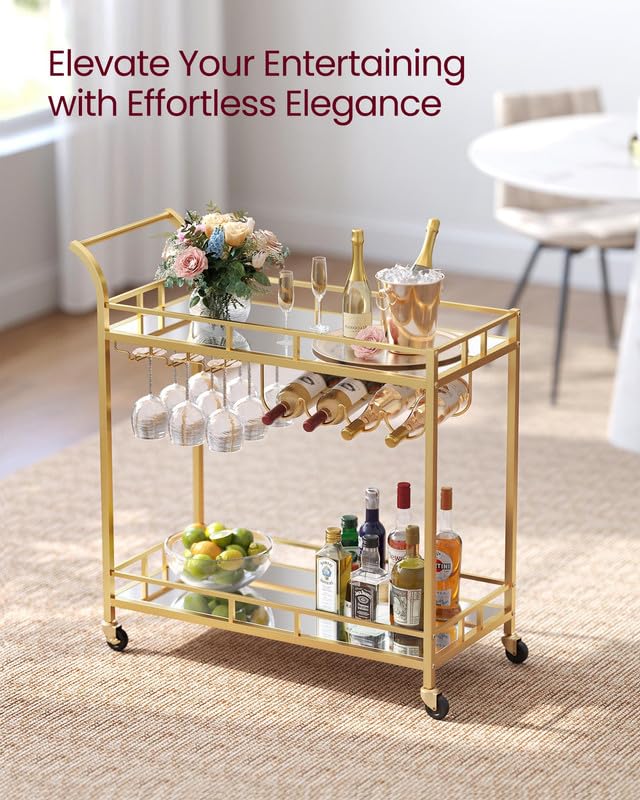 2-Tier Rolling Bar Cart with Mirrored Shelves, Wine and Glass Holders