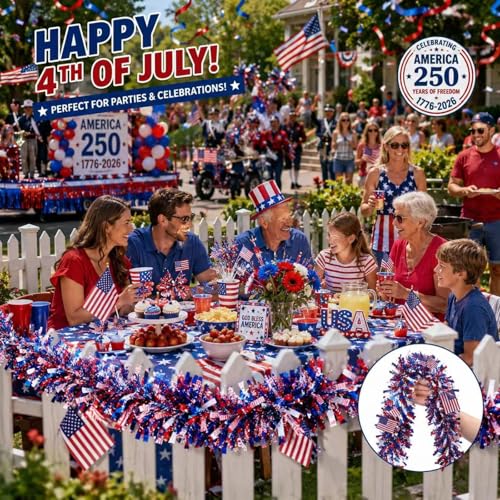 50ft Patriotic Tinsel Garland with American Flags - Red White & Blue Decor