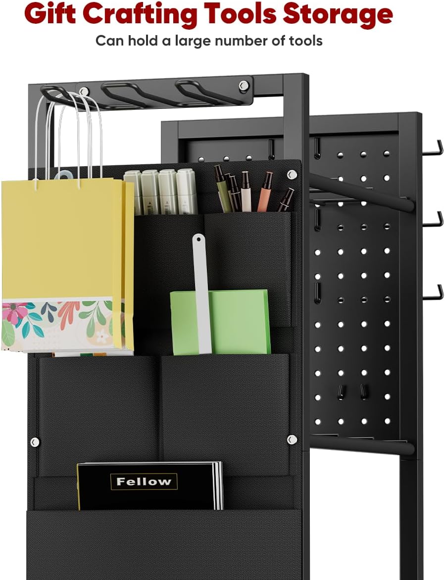 Skiennix Wrapping Paper Storage Organizer - Rolling Gift Wrap Station with Wheels & 12PCS Slap Bands | Black