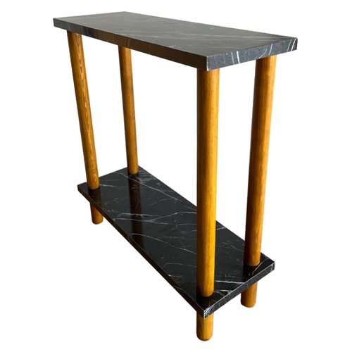 Narrow Small Places Faux Marble Top Modern Side Table for Couch Living Room, Slim Minimalist End Table 2 Tier with Open Shelf Nightstand for Bedrooms, Snack Tray, TV Manual (Black Marble, Narrow, 7")