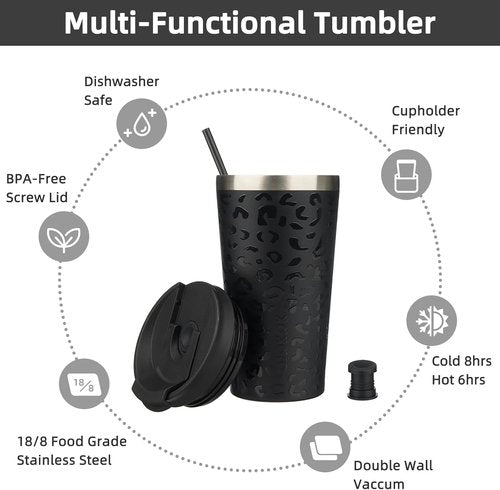 BJPKPK 18oz Insulated Stainless Steel Tumbler - Black Leopard Travel Coffee Mug with Lid & Straw