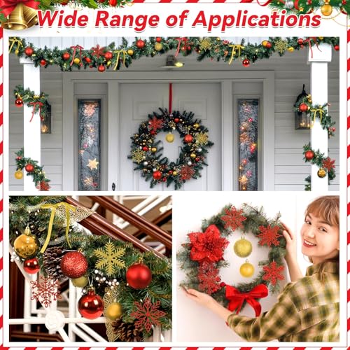 Justforjoyful 86PCS Red & Gold Christmas Ornaments Set with 65.5ft LED Lights - Includes Topper, Balls, Snowflakes & Bows (Red & Gold)