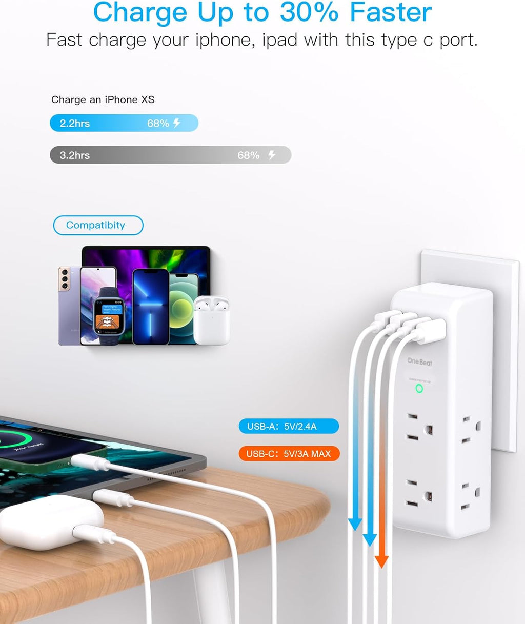 Surge Protector by [Brand Name] - 6 AC Outlet Extender with 4 USB Ports & Rotating Plug | 1800J Power Strip for Home & Office