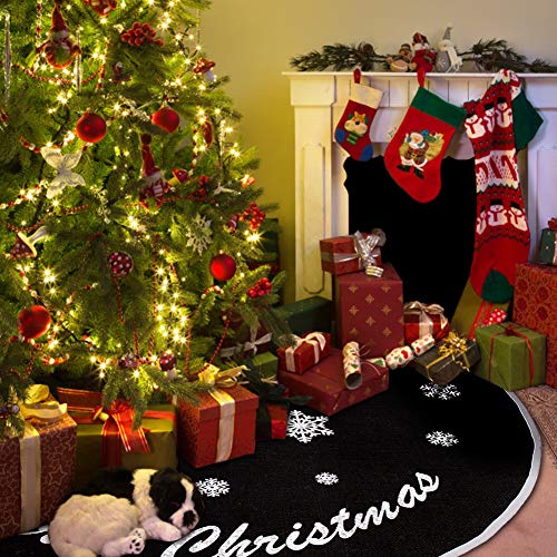 30-Inch Rustic Black Burlap Christmas Tree Skirt with Snowflakes