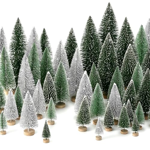 Hatisan 30pcs Mini Christmas Trees Artificial Snowy Bottle Brush Trees with Wooden Base - Silver
