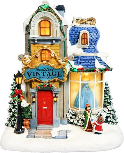 Moments In Time Lighted Christmas Village - Vintage Boutique LED Musical Holiday Building, 10.6”