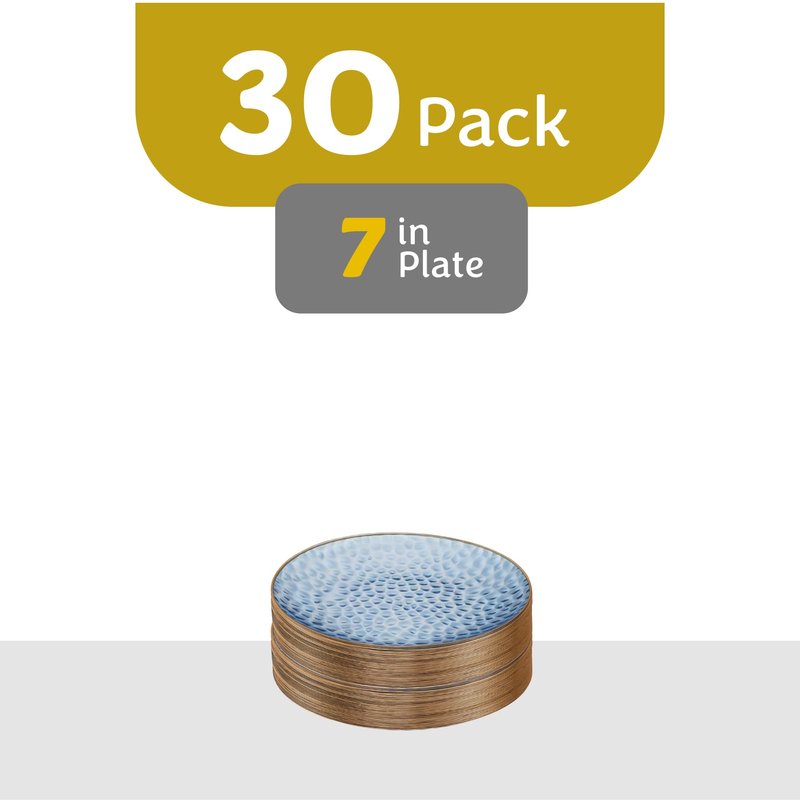 PLASTICPRO 30 Pack Hammered Plastic Plates Heavyweight Disposable Plastic Plates Elegant Clear Hammered Rim Platsic Party Dishes (Blue With Gold Rim, 7'' INCH PLATES)
