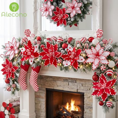 Alecono Red Candy Cane Poinsettia Picks 6 Pack - Artificial Christmas Flowers