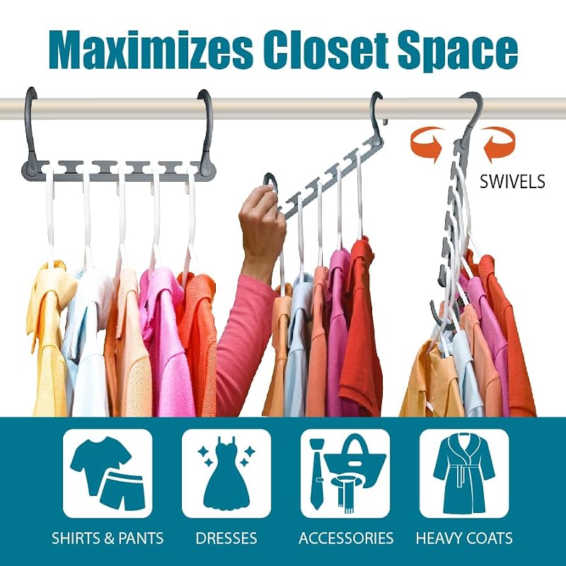Space Saving Cascading Closet Hangers, 10-Pack 360° Swivel Grey