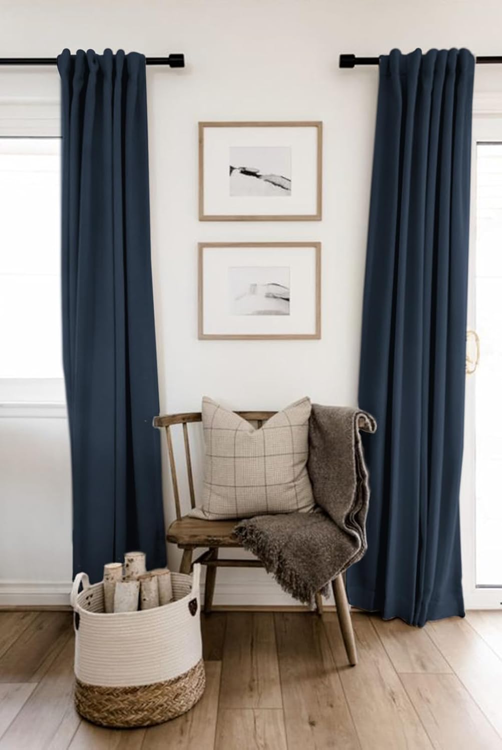 Skiennix 100% Blackout Linen Curtains - Thermal Insulated Drapes for Bedroom | 50" W x 90" L, Navy