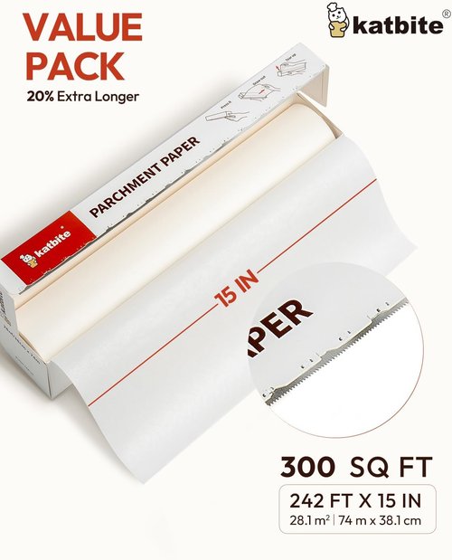 Katbite Parchment Paper Roll - 2 Pack of 15in x 242ft Non-Stick Baking Paper with Serrated Cutter for Cooking & Air Frying