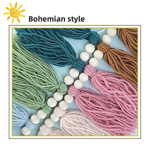 Boho Rainbow Tassel Garland with Wood Beads for Nursery and Home Decor