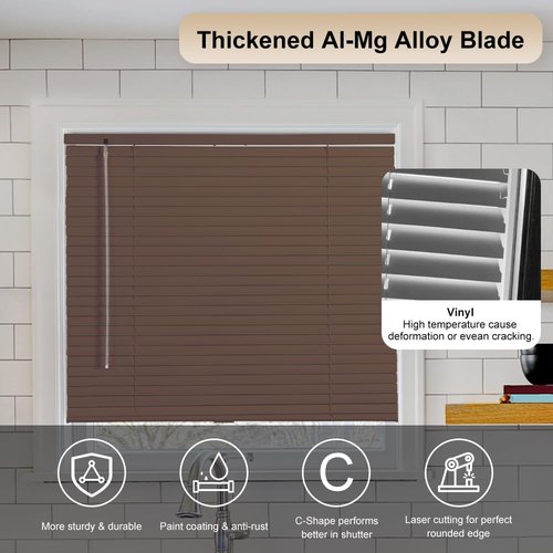 SEEYE Cordless Mini Blinds Aluminum Venetian Blind Horizontal Window Shades, 1" Slat Size - Rooming Darkening Blinds Anti-UV & Waterproof for Bedroom, Office, Easy to Install, 44" W x 64" H, Brown