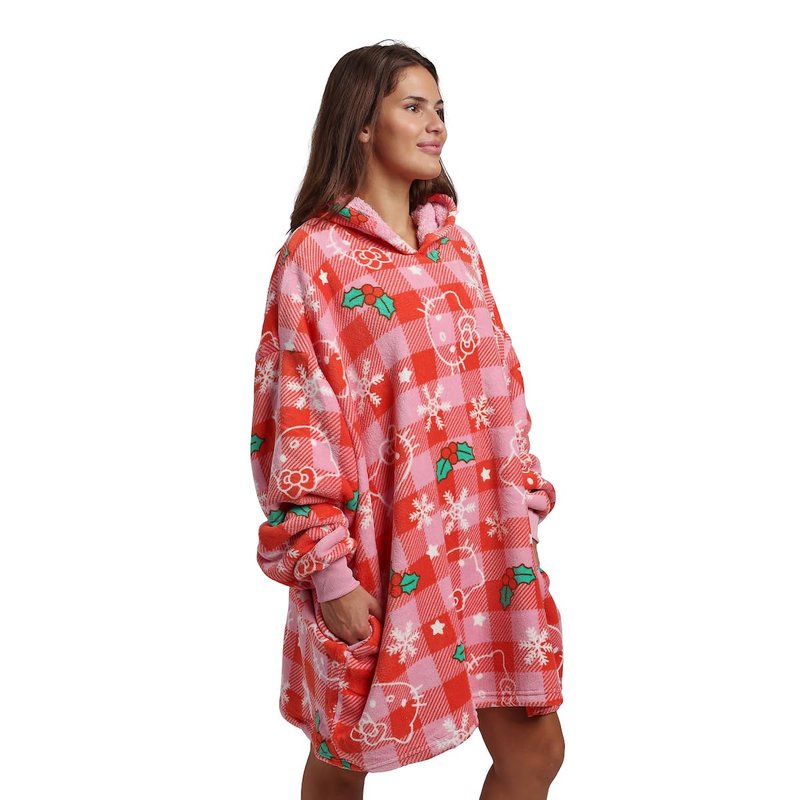 Hello Kitty Christmas Line Art Red Plaid Hoodie Wearable Blanket-OSFA