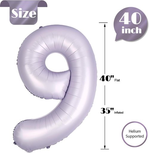 Lilac 9 Balloon | 40-Inch Lavender Number Balloon for Girls' 9th Birthday Decorations