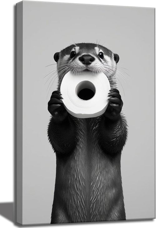 Funny Otter Wall Art by [Brand Name] - Humorous Black and White Canvas Print | Cute Otter with Toilet Paper, 12x16''