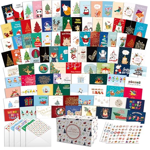 100 Unique Christmas Greeting Cards Set with Envelopes & Stickers - 5x7 Inches