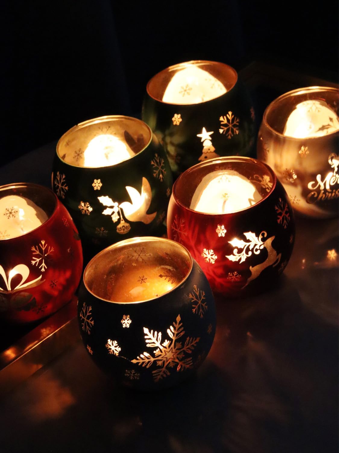 Skiennix Christmas Votive Candle Holder Set - 6 Red, Green & White Glass Tealight Holders with Laser Engraved Designs for Winter Table Decor