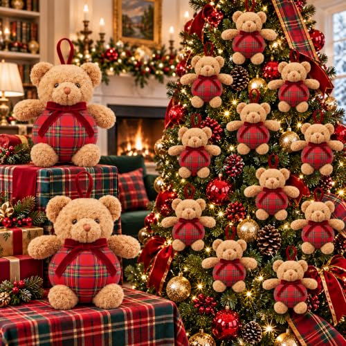 Resholder 16 Pack Christmas Plaid Bear Ornaments - 4in Red Plush Bears