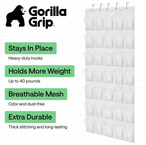 GORILLA GRIP Over The Door Shoe Organizer - 35 Large Breathable Mesh Pockets | Space-Saving Hanging Storage, 68.5H x 24.5W, White