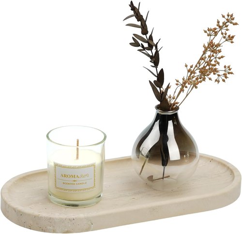 Koville Italian Travertine Tray - Elegant 12"x6" Marble Vanity Catchall for Perfume, Candles, Jewelry