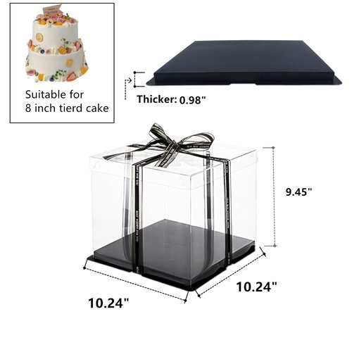 Zentriqlla 6 Pack Clear Cake Box with Ribbon, Tall Cake Carrier for 2-Layer Cake Holder, 10x10x9 inches Transparent Gift Boxes for Pastries with Lid and Black Board, Display Wedding Gift Packaging