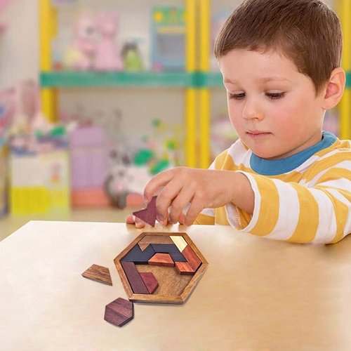 KINGOU Hexagon Tangram Puzzle | Wooden Brain Teaser for Kids & Adults - Fun Family Challenge Game