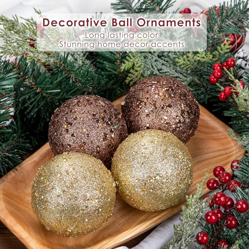 Oairse Bronze 4" Large Christmas Ornaments Set of 6 - Shatterproof Glitter Ball Bulk Xmas Tree Decor