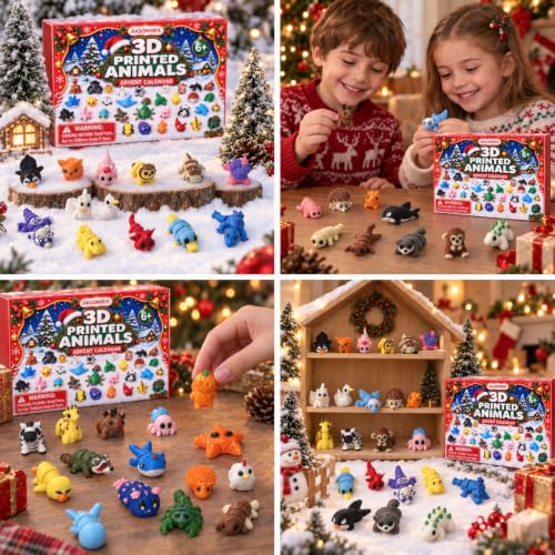 Christmas Advent Calendar with 100 3D Printed Animal Fidget Toys for Kids
