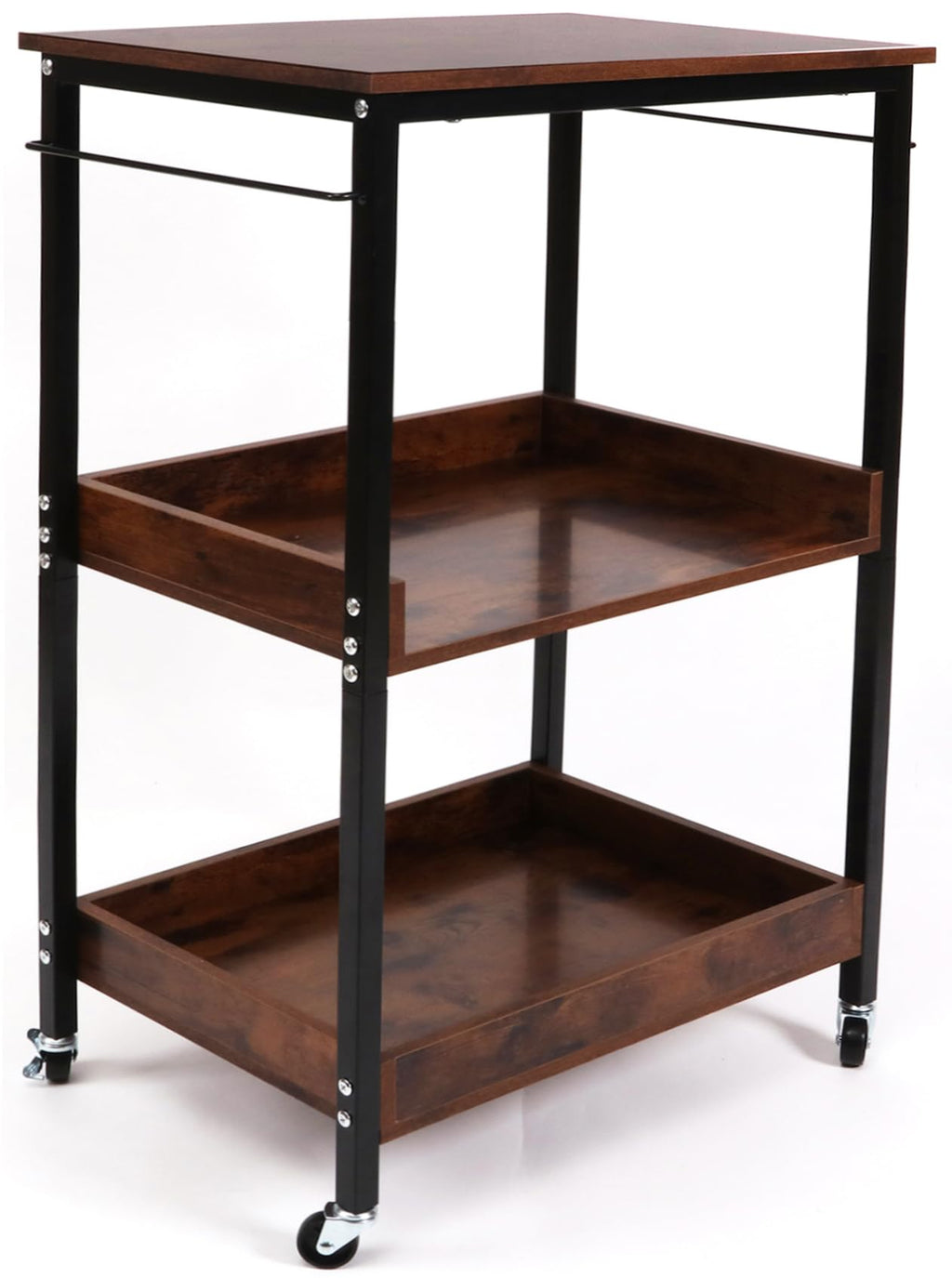 Kersiki 3-Tier Rolling Utility Cart with Table Top- Wooden Utility Cart wit Wheels- Kitchen Storage Microwave Table Stand, Mesh Shelves, for Living and Kitchen Room Office (Brown)