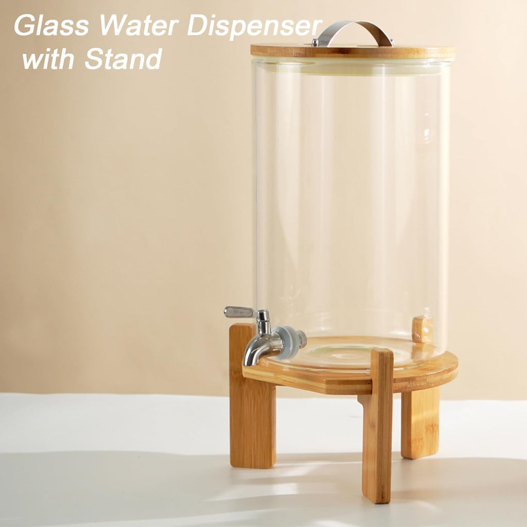 Glass Drink Dispenser with Stand,2.1 Gallons Wood Stand Cold Beverage Dispensers-Large Drink Dispensers For Parties,Bars,Restaurants