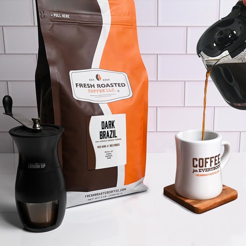 Fresh Roasted Coffee, Dark Brazil, 5 lb (80 oz), Med-Dark Roast, Whole Bean, Kosher