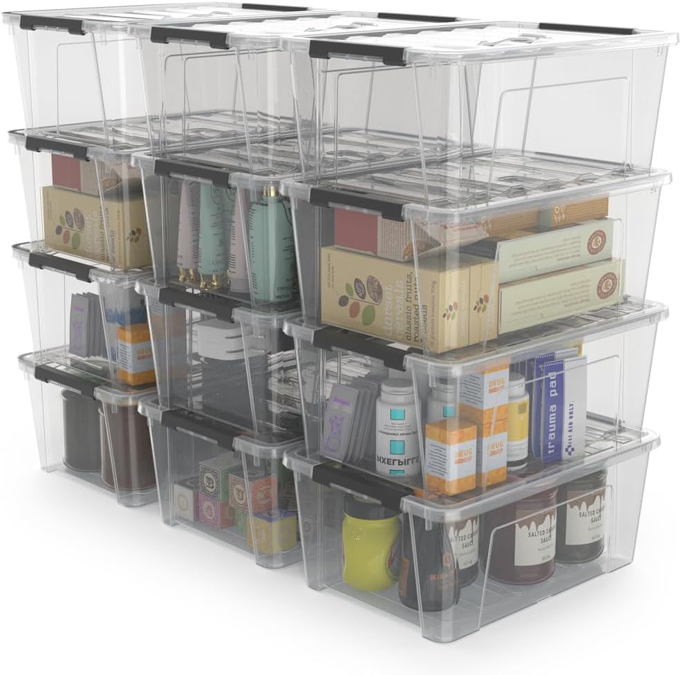 WYT 5-Quart Clear Plastic Storage Bins - 12 Pack with Lids & Latch Buckles | Versatile Organizer Containers