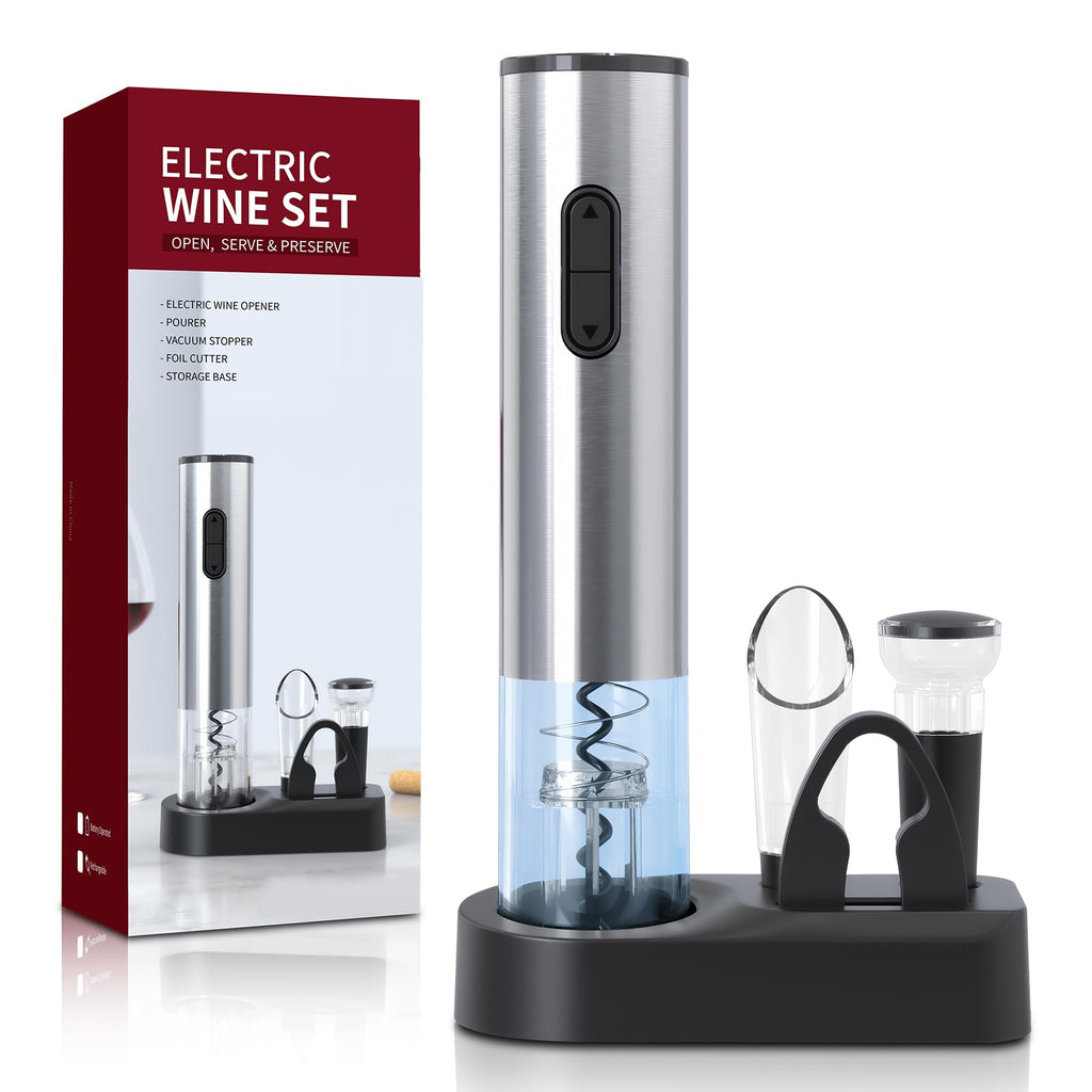 Liuzouwin5-in-1 ElectricWine Bottle Opener Set Battery Operated Reusable Corkscrew with Storage Base, Foil Cutter, Wine Pour& Wine Stopper (Silver)