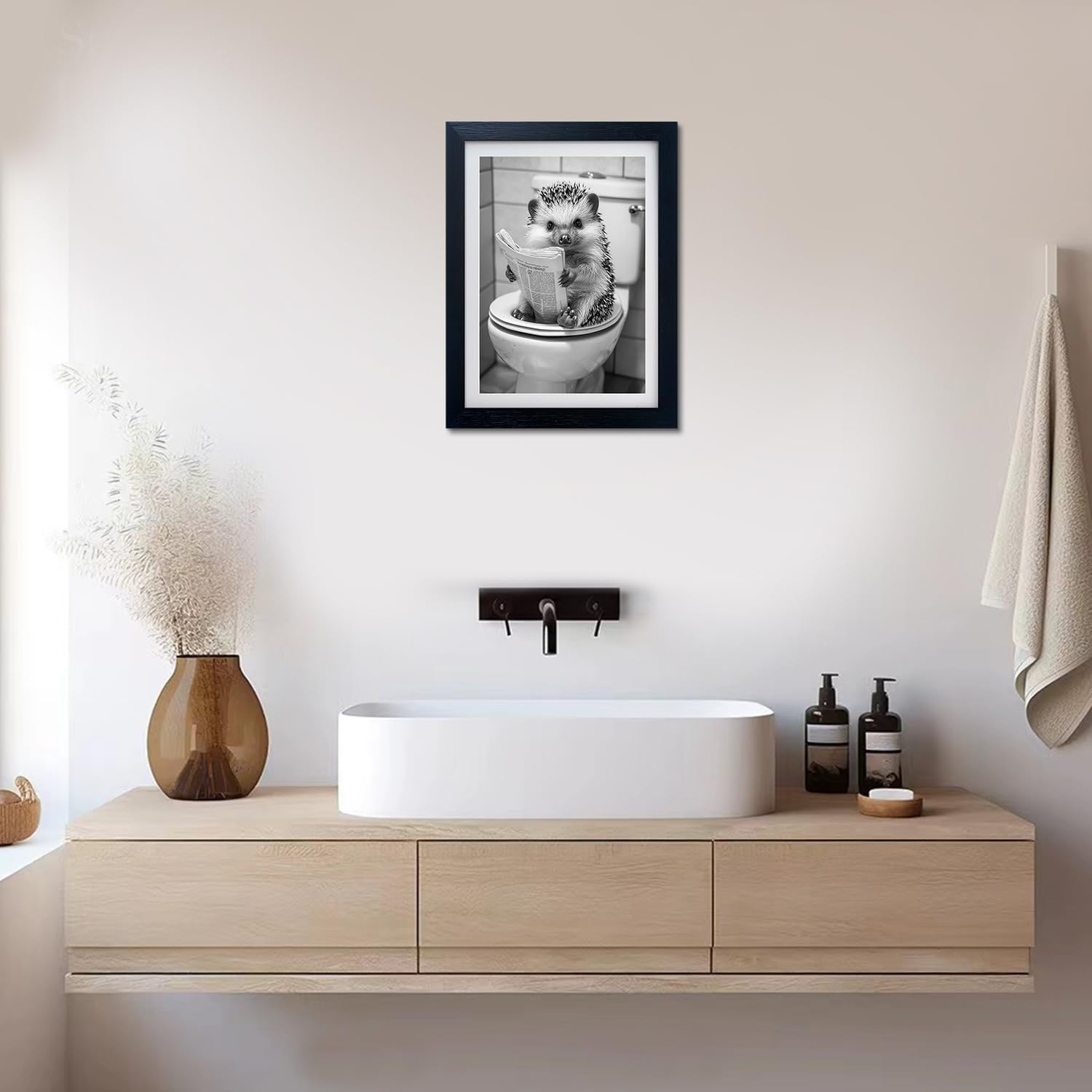 Regine Switzerland Funny Bathroom Wall Decor - Framed Black and White Hedgehog Reading Newspaper