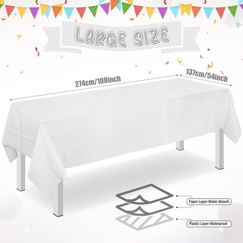 Ragnhild 3 Pack White Paper Tablecloths for Rectangle Tables, 3 Ply Paper Disposable Table Cloths for Parties, Bulk Rectangle Party Table Cover for Birthday, Wedding, Anniversary, Banquet, 54x108Inch