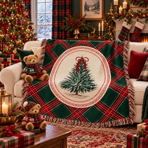 Retro Christmas Tree Woven Blanket - Green Tartan Plaid Throw 50x60