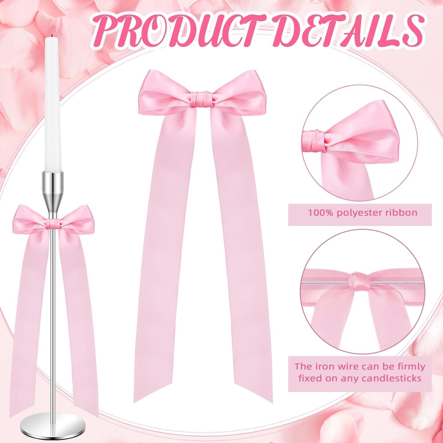 Regine Switzerland 16-Piece Pink Candlestick Bow Set - 13-Inch Decorative Ribbons for Weddings & Home Decor
