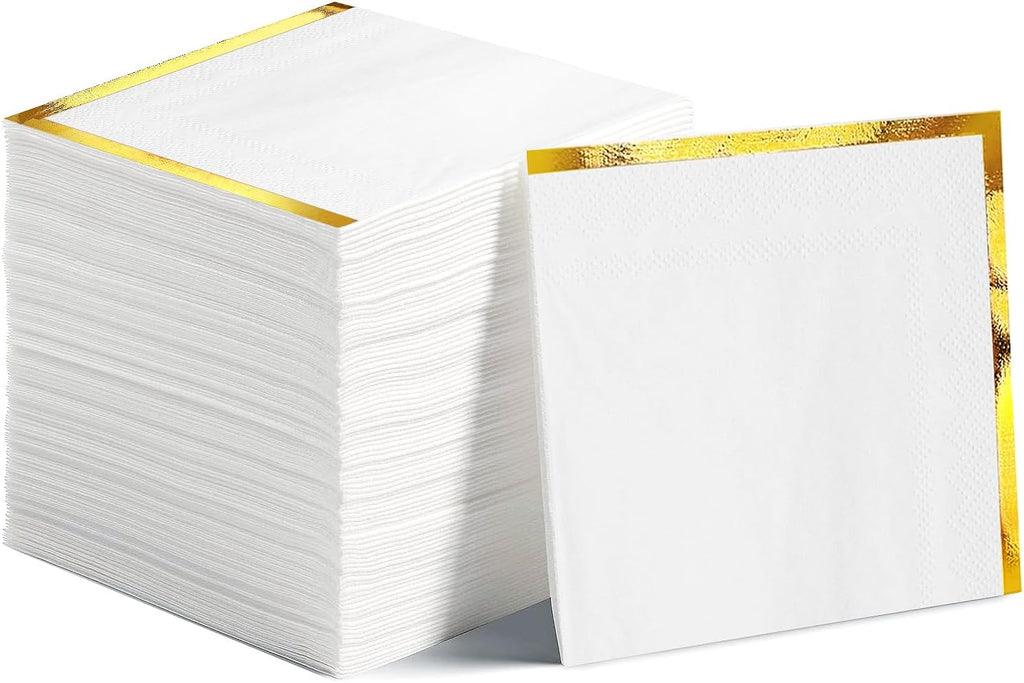 Skiennix 200 Pcs Gold Foil Cocktail Napkins - Elegant 2-Ply White Beverage Napkins for Weddings & Events