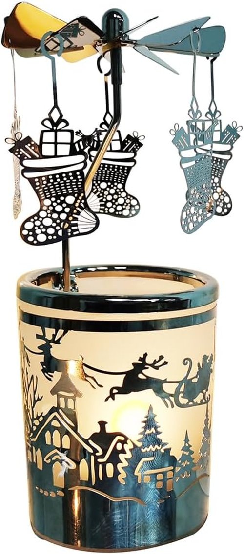 Kingnero Carousel Candle Holder - Spinning Metal Tea Light Candlestick for Home Decor | Christmas Socks Silver