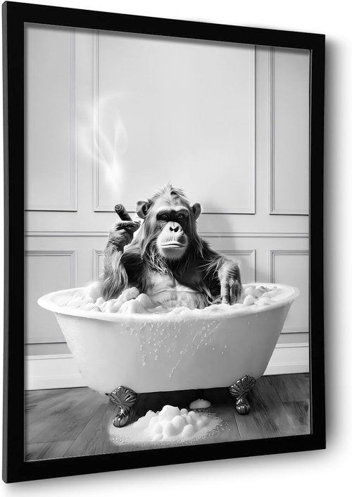 Chimpanzee in Bathtub Wall Art - Funny Framed Bathroom Decor | Black and White Animal Art (8"x10")