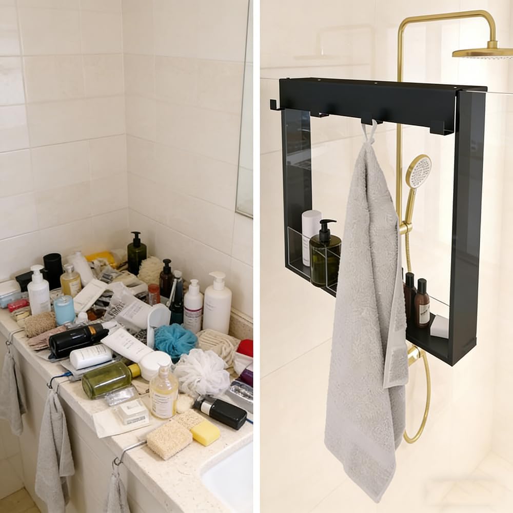 Skiennix Over The Door Shower Caddy - 20"x16" Stainless Steel Frameless Organizer | Rust-Proof Storage for Towels & Toiletries