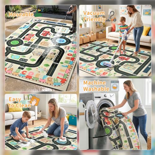 4'x6' Kids Road Play Rug - Washable Non-Slip City Town Traffic Playmat