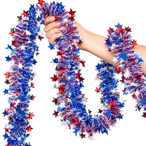 Red White Blue Star Tinsel Garland - 32.8ft Patriotic 4th of July Decor (2 Pack)