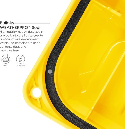 IRIS USA WeatherPro 21 Gallon Lockable Storage Bins - Heavy Duty, Stackable Utility Boxes, 4 Pack - Black/Yellow