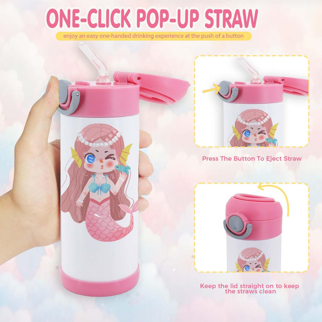 HIZEE 12 oz 6 Pack Sublimation Tumbler Straw Sippy Cup Blank with Straw and Lid,Mixed coloer Spill Proof Stainless Steel Thermos Water Bottles for School